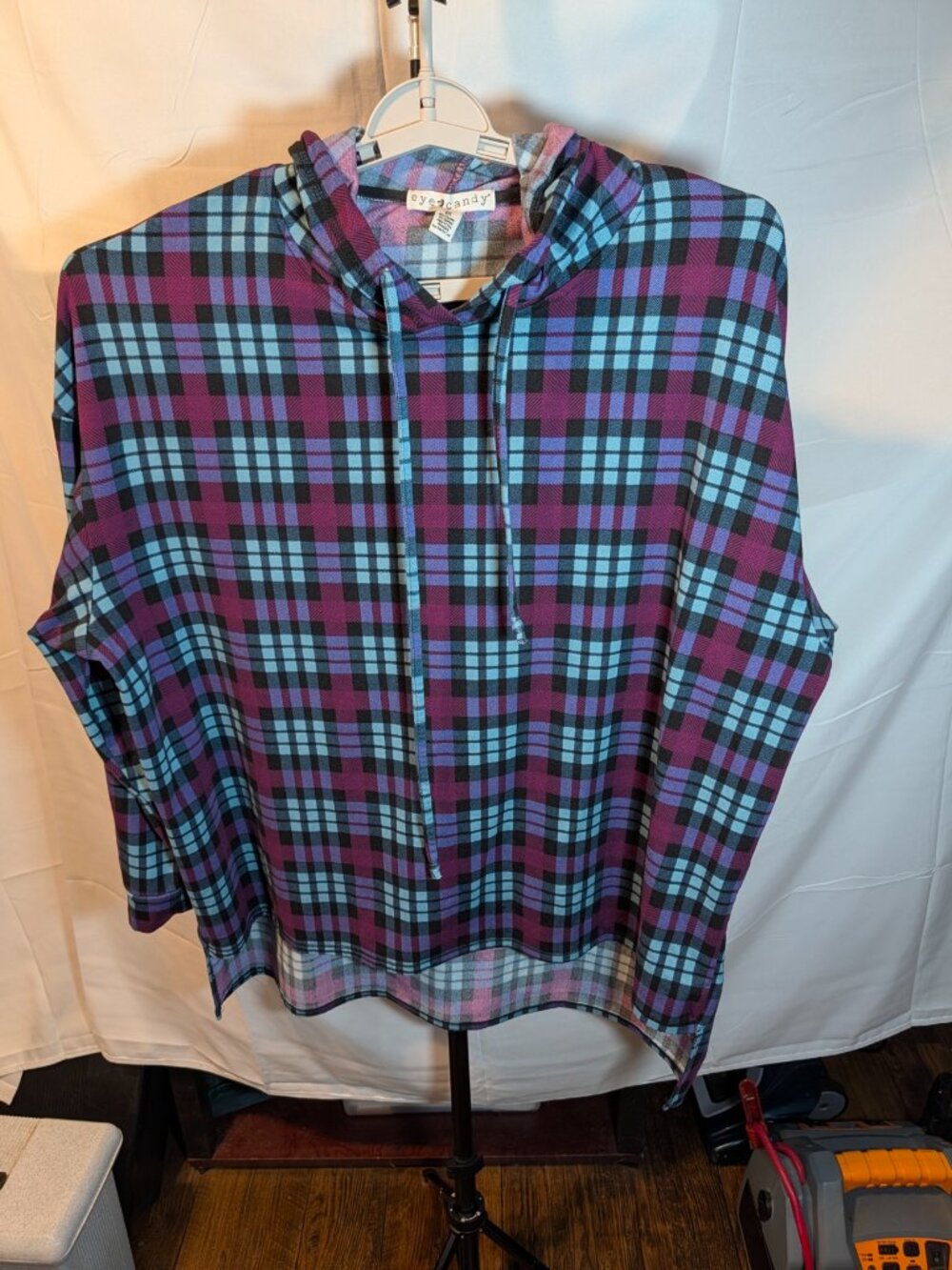 Eye Candy Flannel Hoody Women's 2X Purple/Teal Plaid Light weight/Warm/Soft